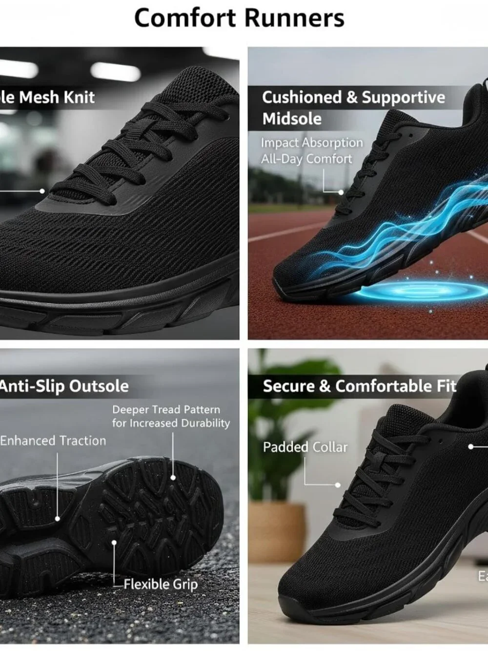 Women's All Black Running Shoes Breathable Casual Non Slip Walking Sneakers